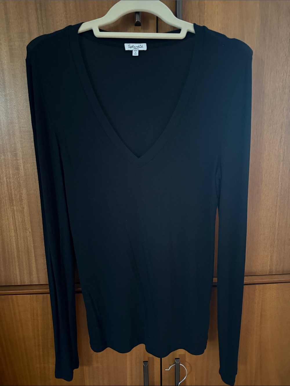 Splendid Ribbed Black Long Sleeve V-Neck Knit Top